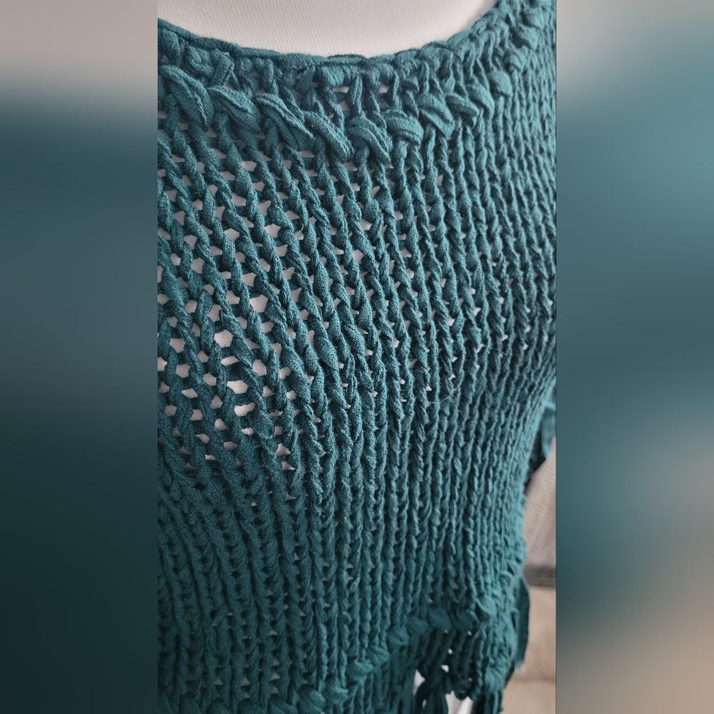 Free People Teal On The Fringe Crop Top Knit Sweater, Boho, Cottagecore, Size XS - Picture 4 of 9